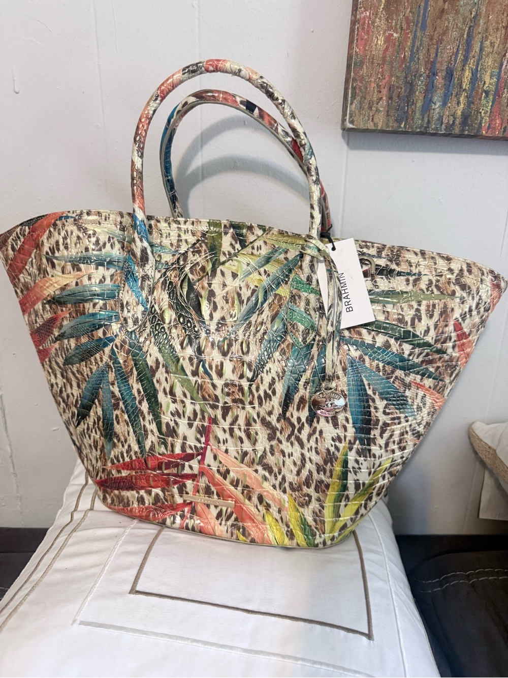 Brahmin Multicolor Palm Leaf & Leopard Print Tote - Picture 2 of 14